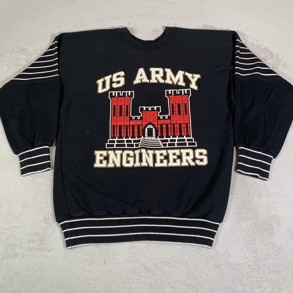 Vintage US Army‎ Engineers Sweatshirt Mens M Black Striped Fleece Artex USA Made